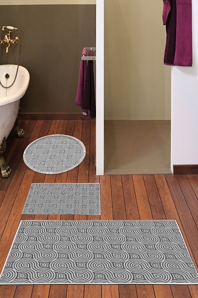 Dekoreko Digital 3-Piece Bath Mat Set Trend Felt Non-Slip Base Mixed Round Modern Bobbie Gray