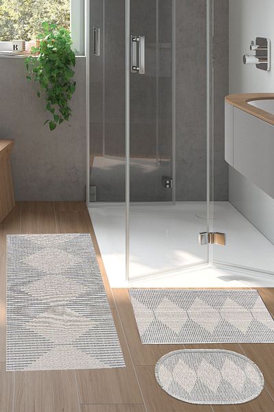 Dekoreko Digital 3-Piece Bathroom Set Trend Felt Non-Slip Base Mixed Oval Scandinavian Kay Navy Blue