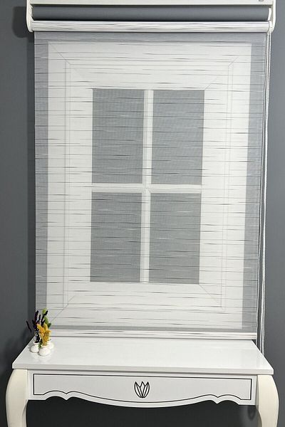 AlpiNaz Modern Colorful Striped Roller Blinds - Double System, Cuts 90% Light, Gray Tulle