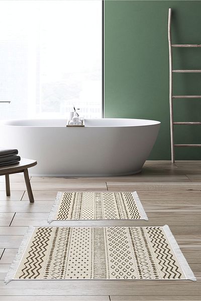 Dekoreko Digital 2-Piece Bath Mat Set Trend Felt Non-Slip Base Fringed Scandinavian Cade Brown
