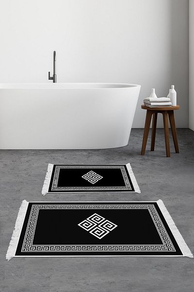 Dekoreko Digital 2-Piece Bathroom Mat Set Trend Felt Non-Slip Sole Fringed Modern Kathryn Black