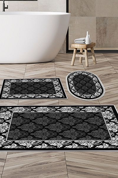 Dekoreko Digital 3-Piece Bath Mat Set Trend Felt Non-Slip Base Mixed Oval Modern Yolanda Black