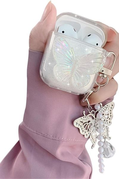 KVK PRİVACY Silvery Headphone Case with 3D Butterfly Clasp, Compatible with Airpods 1st and 2nd Generation