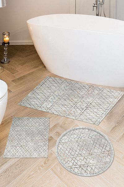Dekoreko Digital 3-Piece Bathroom Set Trend Felt Non-Slip Base Mixed Round Scandinavian Nydia Beige