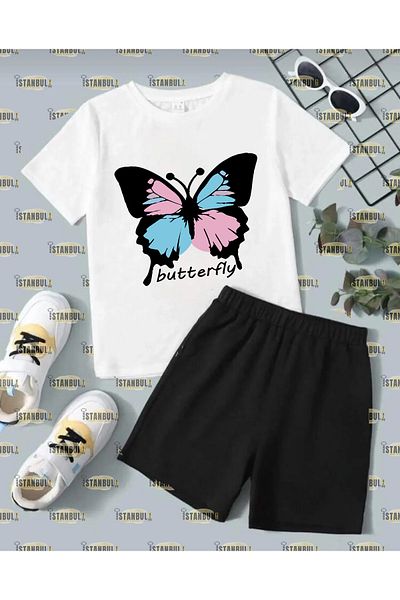aynewmoda Putterfly Printed Colorful Butterfly T-shirt and Shorts Set