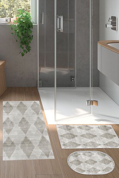 Dekoreko Ψηφιακό σετ 3 χαλάκια μπάνιου Star Cotton Αντιολισθητική Βάση Μικτή Οβάλ Nordic Amaris Beige