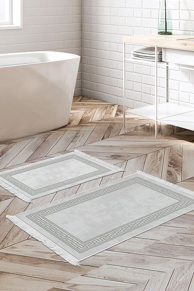 Dekoreko Digital 2-Piece Bath Mat Set Star Leather Non-Slip Base Fringed Modern Cassietta Gray