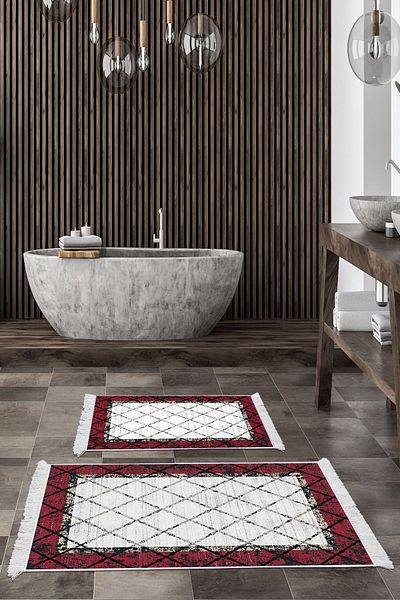 Dekoreko Digital 2-Piece Bath Mat Set Trend Felt Non-Slip Base Fringed Modern Doreen Claret Red