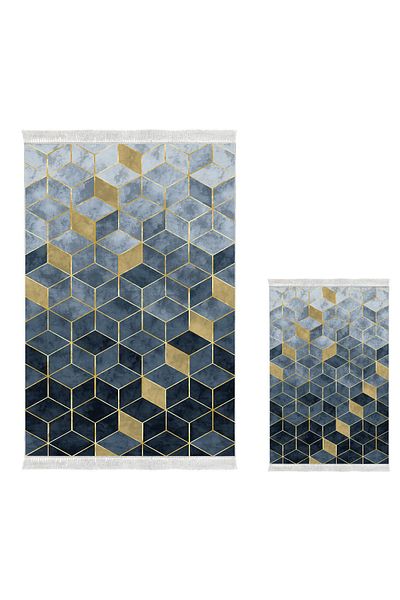 Dekoreko Digital 3-Piece Bathroom Set Star Cotton Non-Slip Base Mixed Oval Scandinavian Stephania Blue