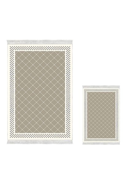 Dekoreko Ψηφιακό σετ 3 τεμαχίων χαλάκι μπάνιου Star Leather Αντιολισθητική Βάση Μικτή Οβάλ Μοντέρνο Krystalyn Beige