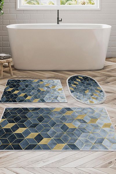 Dekoreko Digital 3-Piece Bathroom Set Star Cotton Non-Slip Base Mixed Oval Scandinavian Stephania Blue