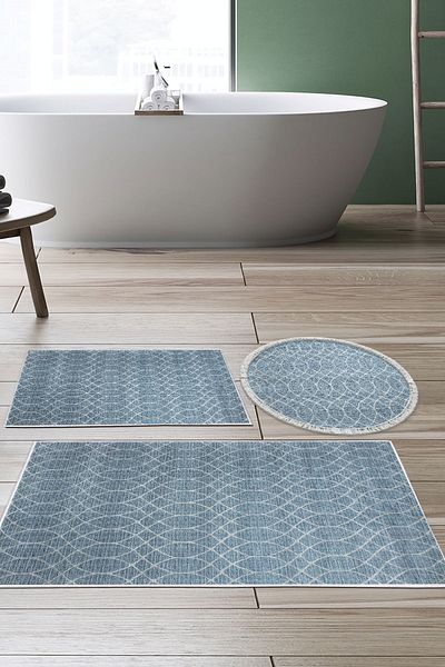 Dekoreko Digital 3-Piece Bathroom Set Trend Felt Non-Slip Base Round Scandinavian Celestine Navy Blue