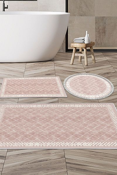 Dekoreko Ψηφιακό σετ μπάνιου 3 τεμαχίων Star Cotton Αντιολισθητική Βάση Μικτή Στρογγυλή Μοντέρνα Πούδρα Krystalyn