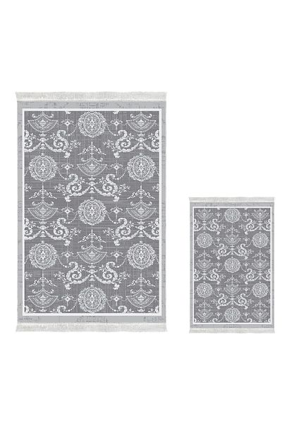 Dekoreko Digital 3-Piece Bathroom Mat Set Star Leather Non-Slip Base Mixed Oval Modern Queta Gray