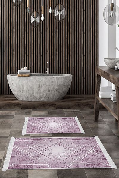 Dekoreko Digital 2-Piece Bath Mat Set Trend Felt Non-Slip Base Fringed Modern Allissa Purple