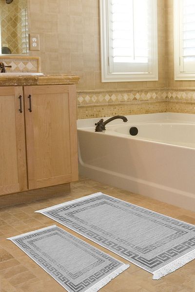 Dekoreko Digital 2-Piece Bath Mat Set Star Cotton Non-Slip Base Fringed Modern Flow Rate Gray