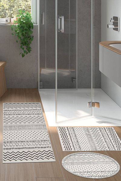 Dekoreko Digital 3-Piece Bathroom Set Star Leather Non-Slip Base Mixed Round Scandinavian Cade Beige