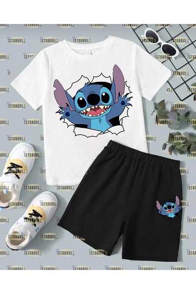 aynewmoda Stitch Printed T-shirt and Shorts Set - Sweatpants