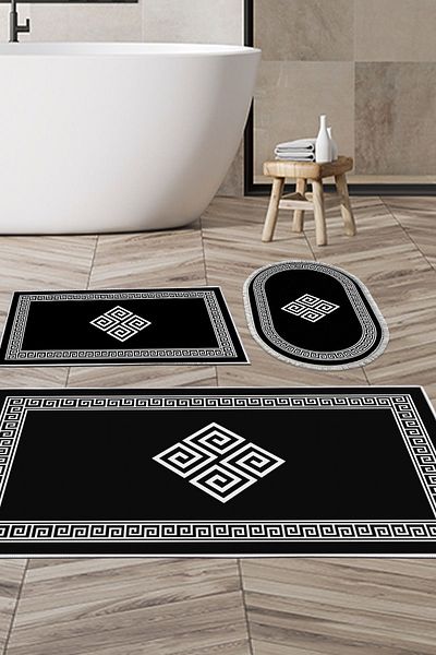 Dekoreko Ψηφιακό σετ 3 χαλάκια μπάνιου Star Cotton Αντιολισθητική Βάση Μικτή Οβάλ Μοντέρνα Kathryn Μαύρο