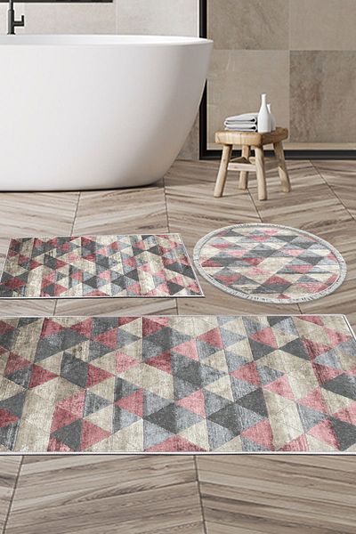 Dekoreko Ψηφιακό σετ μπάνιου 3 τεμαχίων Star Cotton Αντιολισθητική Βάση Μικτή Στρογγυλή Nordic Kitty Powder