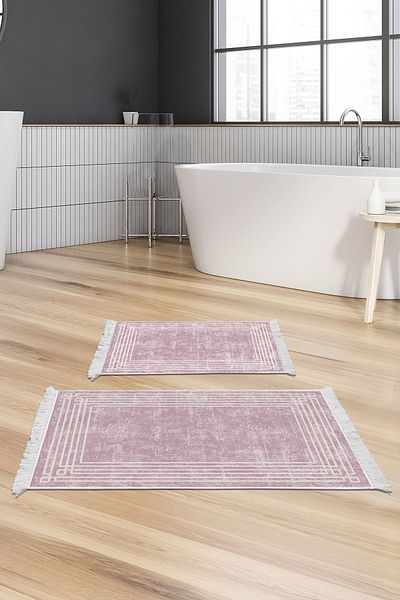 Dekoreko Digital 2-Piece Bath Mat Set Trend Felt Non-Slip Base Fringed Modern Shelbi Powder