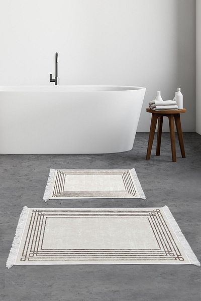 Dekoreko Digital 2-Piece Bath Mat Set Star Leather Non-Slip Base Fringed Modern Shelbi Beige