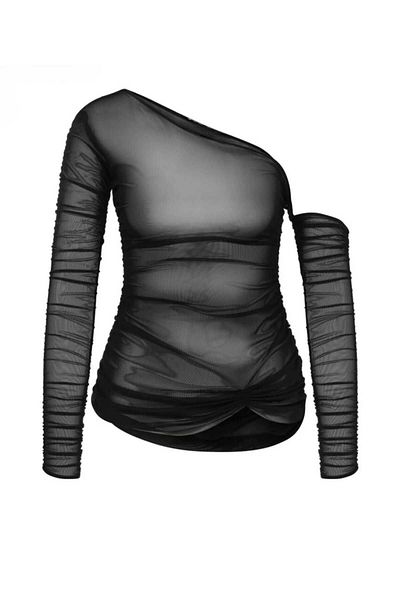 morche Rochie de damă din plasă super mini asimetrică, cu umăr în afara stilului, din tul negru