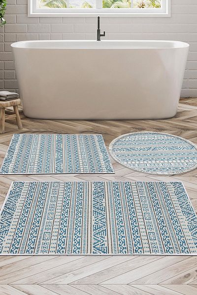 Dekoreko Digital 3-Piece Bathroom Set Trend Felt Non-Slip Base Round Scandinavian Adelia Navy Blue