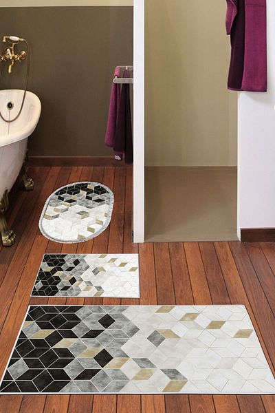 Dekoreko Digital 3-Piece Bathroom Set Trend Felt Non-Slip Base Mixed Oval Nordic Stephania Cream