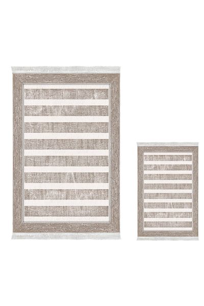 Dekoreko Digital 2-Piece Bath Mat Set Star Leather Non-Slip Base Fringed Modern Alexia Beige