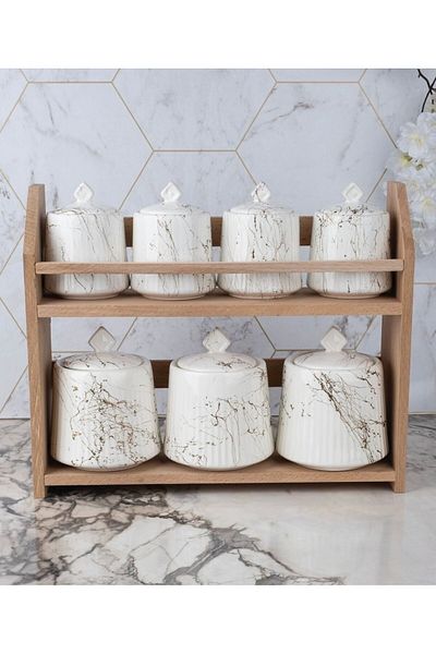 Kitchen Pembelia 7-Piece Marble Patterned Porcelain Spice Storage Set with Wooden Stand