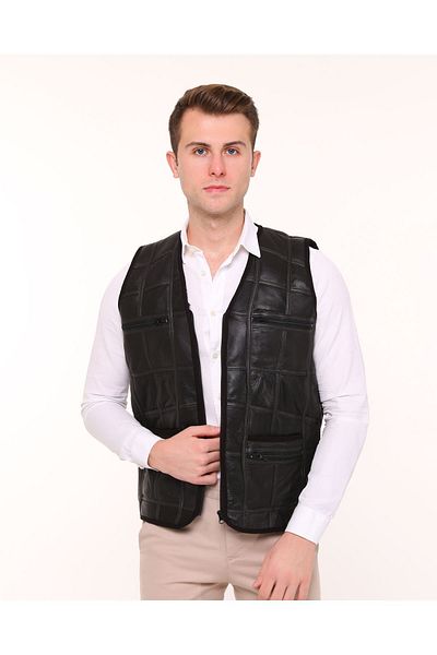 tahiroğlu deri Genuine Leather Fur Lined Men's Bias Vest