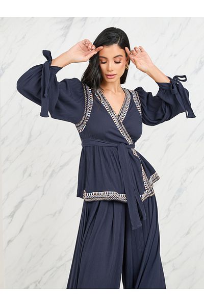 Styli Embroidered Trim Self Tie Up Peplum Blouse and Pleated Elasticated Waist Pant Set