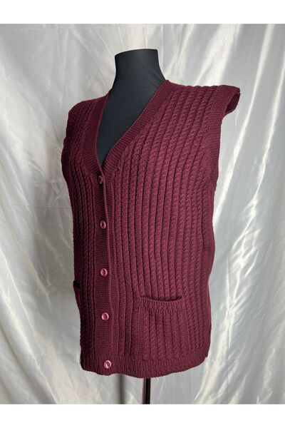 BARLAS TRİKO Kadın V Yaka Kalın Yün Saç Örgü Triko Düğmeli Cepli Anne Yelek