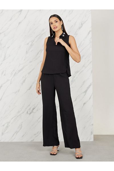 Styli Embellished Collar Textured Top and Straight Leg Pant Set