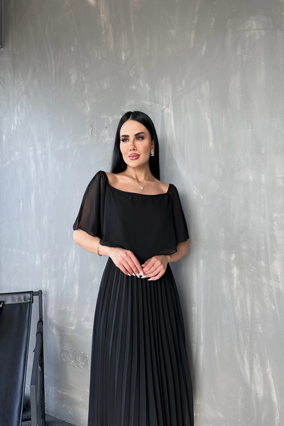 kamacibutik Kare Yaka Pileli Şifon Yazlık Elbise