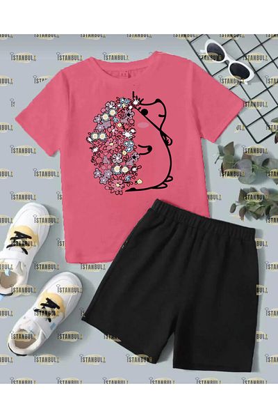 aynewmoda Hedgehog Printed Flower Patterned T-shirt and Shorts Set