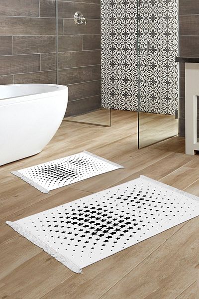Dekoreko Modern Willow Cream Digital 2-Piece Bathroom Mat Set with Non-Slip Base and Fringe
