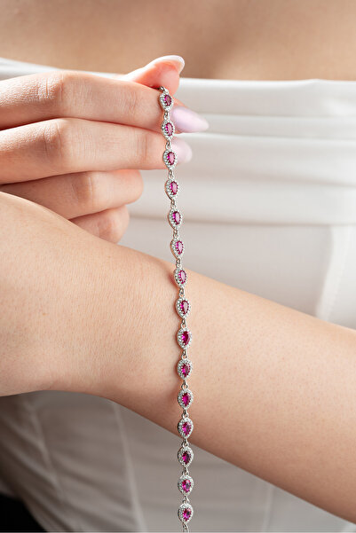 Nereze 925 Ayar Gümüş Rodyumlu Sıralı Pembe Damla Zirkon Taşlı Bileklik