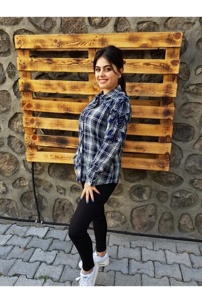 FERGAN Bayan Lacıvert Kol Nakışlı Oduncu Gömlek