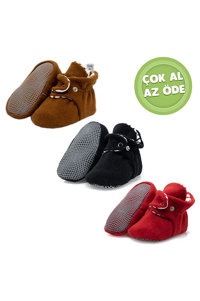 Ella Bonna Organic 100% Cotton Lined Baby Slippers - Non-Slip Base, Economical Pack of 3 (Taba-Black-Red)