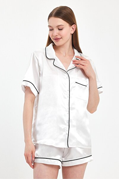 woici Kadın Beyaz-siyah Kısa Kollu Saten Düğmeli Cepli Biyeli Şortlu Takım