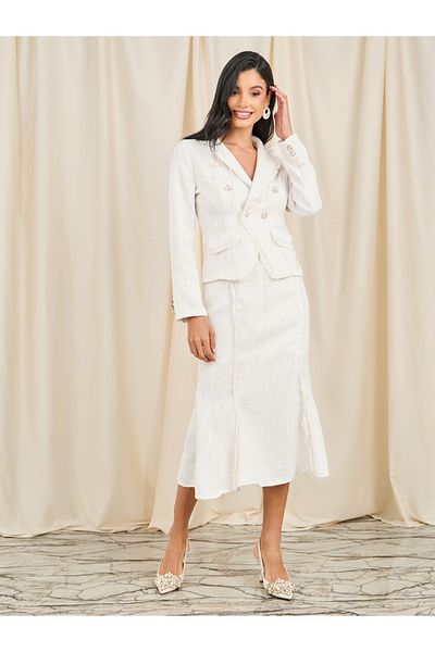 Styli Frayed Edge Tweed Buttoned Blazer & Midi Skirt Co-Ord