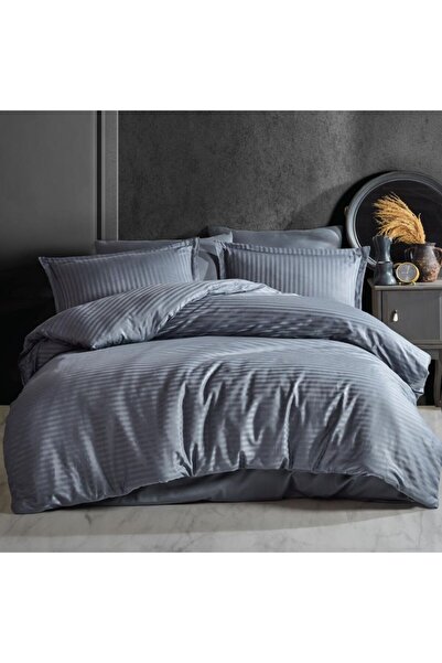 DENİZLİ ÇEYİZ Clasy Double Striped Satin Duvet Cover Set Anthracite