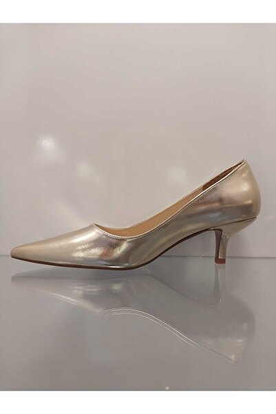 Purple Kadın Gold Metalik Klasik Kısa Topuk Stiletto