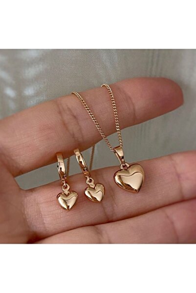 RM Bijuteri Gold Premium Bombeli Kalp Kolye Küpe Seti