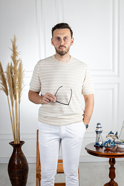 Sarar 0 Футболка з коміром у смужку, бежево-біла - Sarar