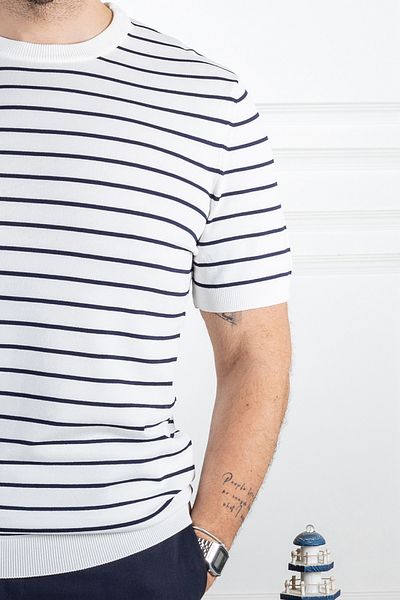 Sarar 0 Collar Striped Rayon Knitwear - White Navy Blue T-Shirt