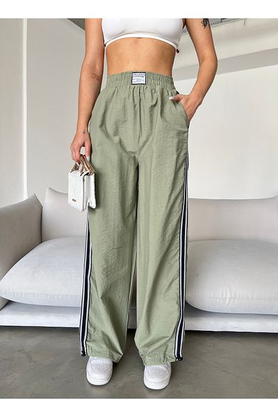 HARMONY GLOBAL Khaki Women's Parachute Trousers 8001 - Side Stripe, Elastic Waist and Adjustable Leg