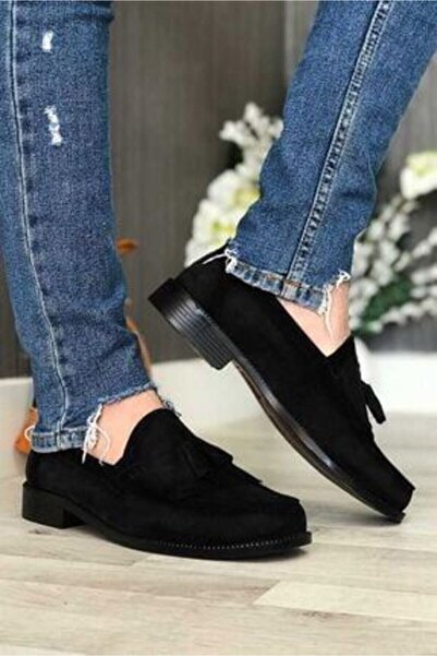 ÇELİK TİCARET Püsküllü Corcik Siyah Süvet Klasik Erkek Kadın Unisex Ayakkabısı